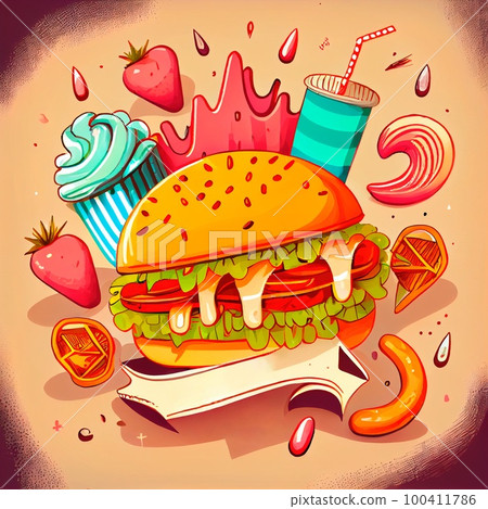 Burgers with meat patty and chips. Fast Street Food. Generative AI Art. Burgers with meat patty and chips. Fast Street Food. Generative AI Art. 100411786