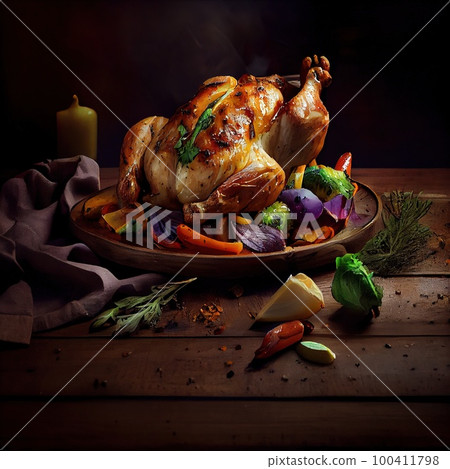 Christmas delicious juicy turkey. Holiday traditional dishes for Christmas or Thanksgiving. Generative AI Art. Christmas delicious juicy turkey. Holiday traditional dishes for Christmas or Thanksgiving. Generative AI Art. 100411798