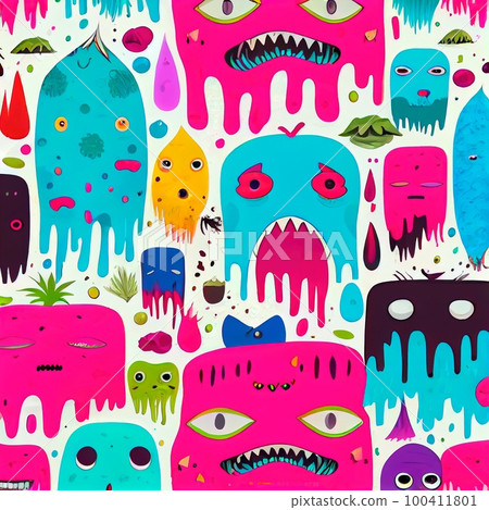 Abstract magical funny cartoon monsters. Lots of colored pnt, funny monsters and rnbow colors. Generative AI Art. Abstract magical funny cartoon monsters. Lots of colored pnt, funny monsters and rnbow colors. Generative AI Art. 100411801
