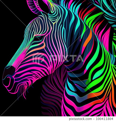 Portrait of a multicolored zebra on an isolated black background. Generative AI Art. Portrait of a multicolored zebra on an isolated black background. Generative AI Art. 100411804