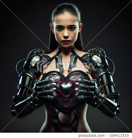 Portrait of a futuristic robot with a mechanical glowing heart in his hands. Generative AI Art. Portrait of a futuristic robot with a mechanical glowing heart in his hands. Generative AI Art. 100411810