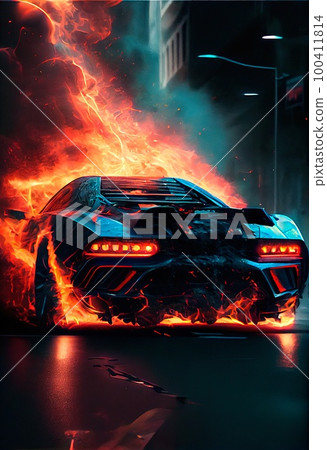 Burning race car in the city. The car is engulfed in flames of fire. Generative AI Art. Burning race car in the city. The car is engulfed in flames of fire. Generative AI Art. 100411814