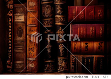 Antique books in a library. A dusty old library with many books. Generative AI Art. Antique books in a library. A dusty old library with many books. Generative AI Art. 100411815