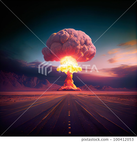 A nuclear explosion in a metropolis. The mushroom of an atomic explosion. Generative AI Art. 100412053