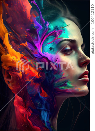 Abstract portrait of a beautiful fantasy girl. Fashionable cute woman. Creative beautiful girl. Generative AI Art. Abstract portrait of a beautiful fantasy girl. Fashionable cute woman. Creative beautiful girl. Generative AI Art. 100412110