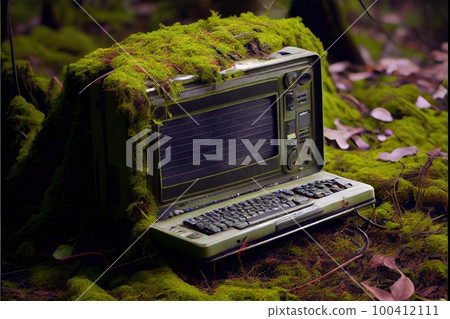 An old computer lying in the jungle. A post-apocalyptic ruin in the green jungle. Generative AI Art. An old computer lying in the jungle. A post-apocalyptic ruin in the green jungle. Generative AI Art. 100412111