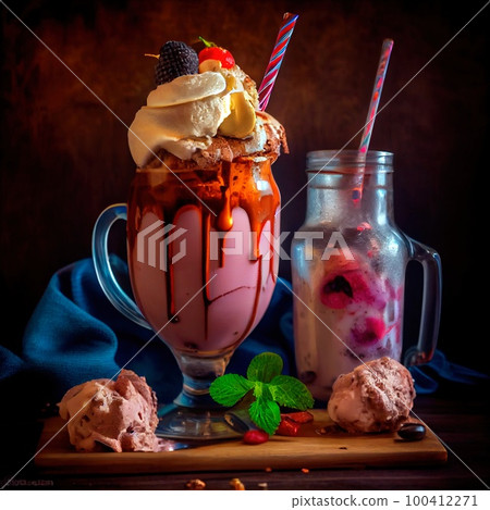 Delicious ice cream in a bowl. An explosion of flavor. Ice cream of different varieties. Generative AI Art. 100412271