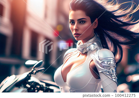 Portrait of a girl on a motorcycle from a sci-fi cyberpunk. A high-tech woman from the future. Generative AI Art. 100412275