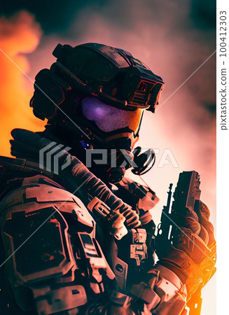 Portrait of Fantastic Warrior. High-tech futuristic man from the future. Generative AI Art. 100412303