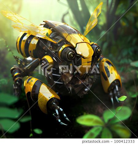 Portrt of a futuristic robot bee. An artistic abstract cyberpunk fantasy. Generative AI Art. 100412333