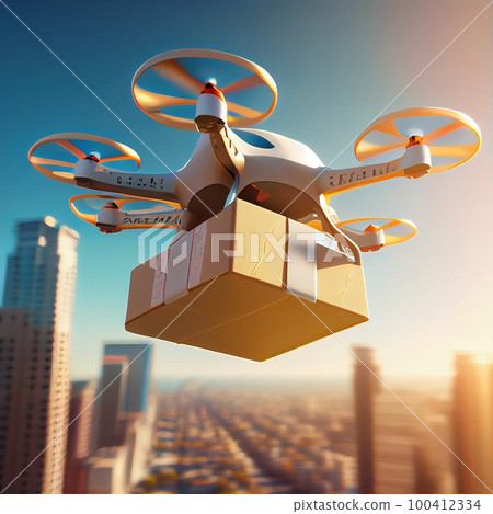 A quadcopter delivers a parcel. Close-up of a quadcopter in the open r. Generative AI Art. A quadcopter delivers a parcel. Close-up of a quadcopter in the open r. Generative AI Art. 100412334