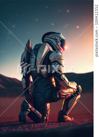 An astronaut on an alien planet. A high-tech astronaut from the future. Generative AI Art. 100412352