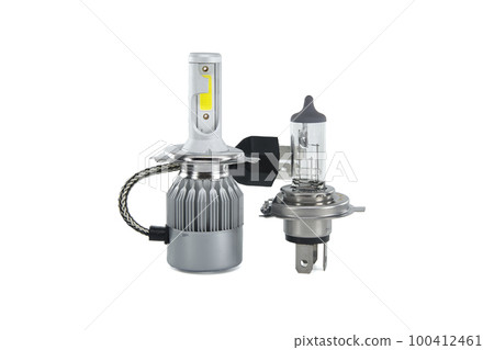 H4 halogen lamp and LED headlight bulb on white 100412461