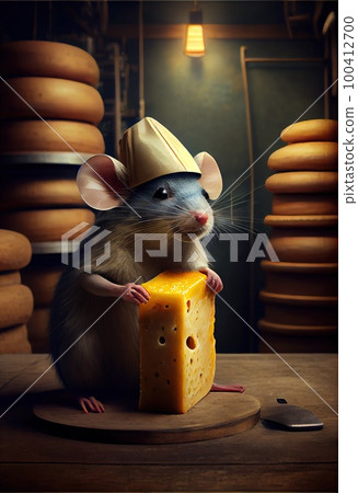 Cartoon mouse cook in a warehouse in the middle of the cheese. Generative AI Art. Cartoon mouse cook in a warehouse in the middle of the cheese. Generative AI Art. 100412700