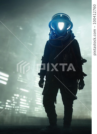 Portrt of a sci-fi cyberpunk man. High-tech futuristic man from the future. Generative AI Art. Portrt of a sci-fi cyberpunk man. High-tech futuristic man from the future. Generative AI Art. 100412760