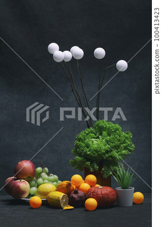 Still life with fruits and vegetables, plants and balls 100413423