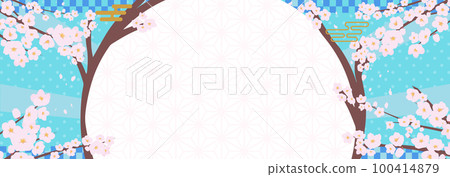 Spring advertising banner template with falling petals and cherry blossoms (blue) 100414879