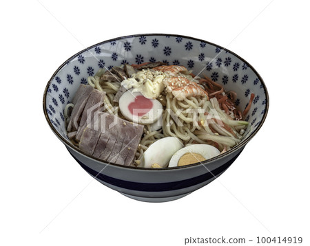 Cold noodles with roast pork sliced, shrimp, ham, boiled egg and lemon sauce in blue ceramic bowl isolated on white background with clipping path. Cold noodles with roast pork sliced, shrimp, ham, boiled egg and lemon sauce in blue ceramic bowl isolated on white background with clipping path. 100414919