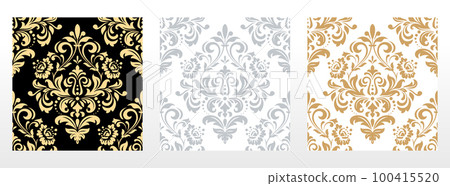 Wallpapers in the style of Baroque. Seamless vector backgrounds. Set of colored floral ornaments. Graphic patterns for fabric, wallpaper, packaging. Ornate Damask flower ornaments 100415520