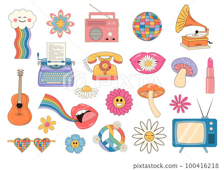 Retro 60s, 70s hippie psychedelic groovy set. 70s Nostalgic and floral stickers, badges. Retro 60s, 70s hippie psychedelic groovy set. 70s Nostalgic and floral stickers, badges. 100416218