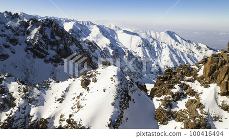 High snow capped mountains among large glaciers. 100416494