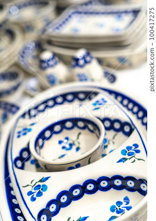 Closeup handmade pottery with blue pattern 100417275