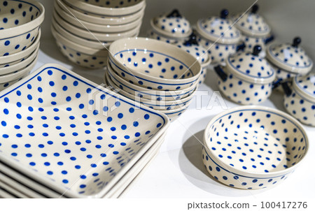Closeup handmade pottery with blue pattern 100417276