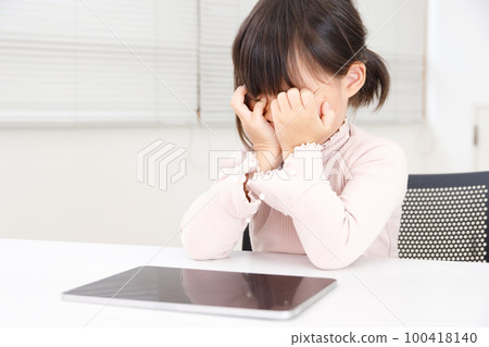 一個因在平板電腦上學習和玩遊戲而眼睛疲勞的孩子。或困倦或厭倦學習。 一個因在平板電腦上學習和玩遊戲而眼睛疲勞的孩子。或困倦或厭倦學習。 100418140