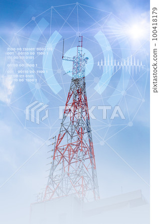 5G data network communication tower cell site overlay with illustration of business data technology application vertical shot 100418179