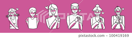 Love people set. Shy beloved boy and girl, man and woman, grandfather and grandmother. Hands together. Pink and white color, sketched style white and pink spots. 100419169