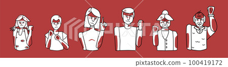 Set of people with anger. Angry boy and girl, man and woman, grandfather and grandmother. Threaten with a fist. Red and white color, sketched style. 100419172