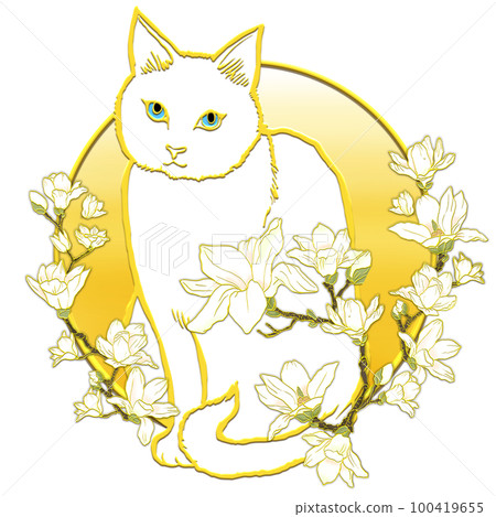 Magnolia flower and cat _ front facing _ white cat _ background yellow gradation 100419655