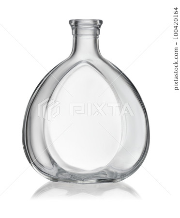 Front view of empty clear glass alcohol bottle 100420164
