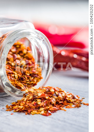Dry chili pepper flakes. Crushed red peppers in jar on white table. Dry chili pepper flakes. Crushed red peppers in jar on white table. 100420202