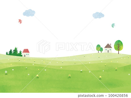 新鮮的草甸小山、樹和房子簡單的風景水彩畫 100420856