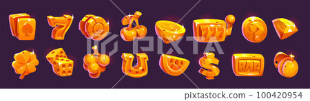 Gold poker game casino slot machine fruit icon set 100420954