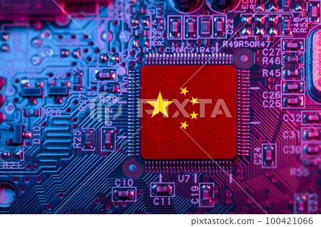 China flag on Computer Chip for Chip War Concept. Global chipmakers CPU Central processing Unit Microchip on Motherboard Republic of China world largest chip manufacturer and supply chain. China flag on Computer Chip for Chip War Concept. Global chipmakers CPU Central processing Unit Microchip on Motherboard Republic of China world largest chip manufacturer and supply chain. 100421066