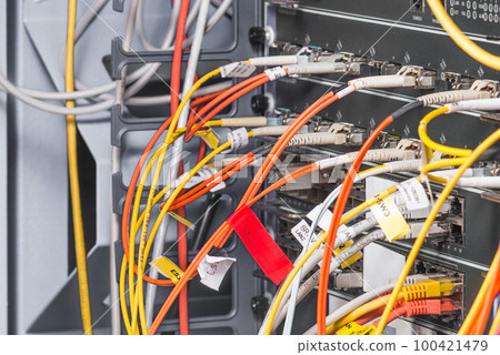 detail of server rack with fiber optic cables attached to front panel switch ports 100421479