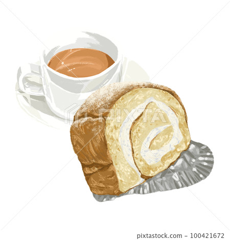 Analog illustration style roll cake and drink set 100421672
