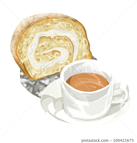 Analog illustration style roll cake and drink set Analog illustration style roll cake and drink set 100421673