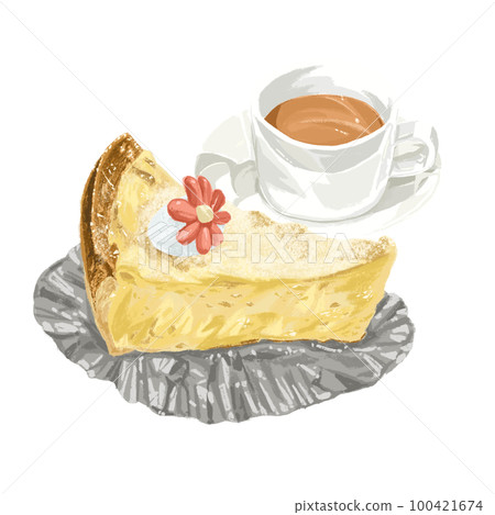 Analog illustration style cheesecake and drink set 100421674