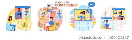 Video conference flat design concept scenes set 100421837