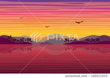 Sunset over tropical island landscape background in flat style. Hills with palm trees, sea or ocean coast, birds fly, purple evening after sunset. Nature scenery. Vector illustration of web banner Sunset over tropical island landscape background in flat style. Hills with palm trees, sea or ocean coast, birds fly, purple evening after sunset. Nature scenery. Vector illustration of web banner 100421910