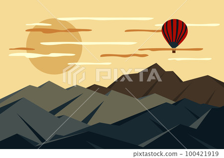 Hot air balloon flying over mountain range landscape background in flat style. Huge sun over rock peaks, wilderness area. Travel and vacation trip. Nature scenery. Vector illustration of web banner 100421919