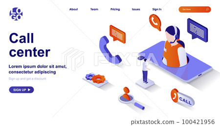 Call center isometric landing page. Customer support isometry concept. Hotline operator in headset consults client in chat 3d web banner. Vector illustration with people characters in flat design Call center isometric landing page. Customer support isometry concept. Hotline operator in headset consults client in chat 3d web banner. Vector illustration with people characters in flat design 100421956