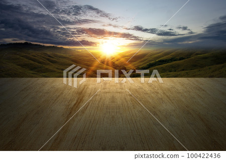Wooden floor with green hills and landscape view Wooden floor with green hills and landscape view 100422436