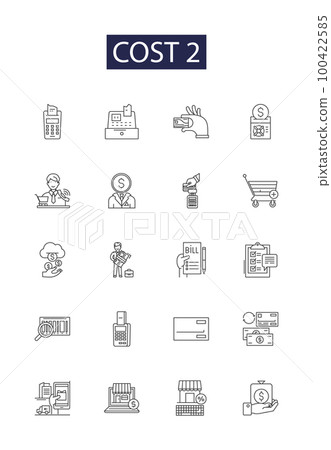 Cost 2 line vector icons and signs. Price, Outlay, Costly, Costing, Pricey, Expenditure, Price tag, Price range outline vector illustration set 100422585