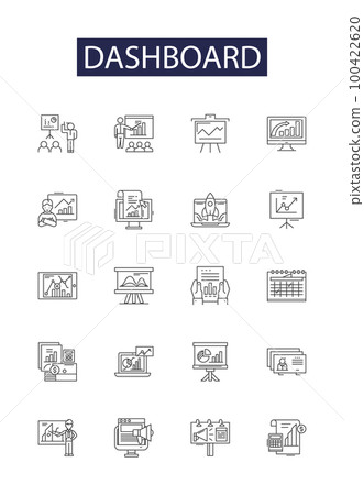 Dashboard line vector icons and signs. Control, Monitor, Panel, Gauge, Screen, Metrics, View, Access outline vector illustration set 100422620