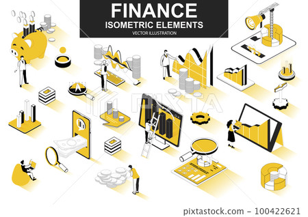 Finance bundle of isometric elements. Financial analytics, piggy bank, stock trading, market indexes, investment, money transfer isolated icons. Isometric vector illustration with people characters. Finance bundle of isometric elements. Financial analytics, piggy bank, stock trading, market indexes, investment, money transfer isolated icons. Isometric vector illustration with people characters. 100422621