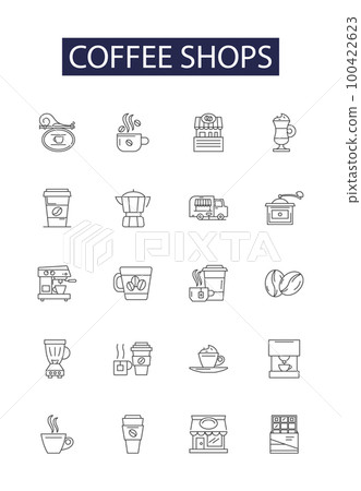 Coffee shops line vector icons and signs. Espresso, Barista, Lattes, Java, Mocha, Cappuccino, Latte, Dunkin' outline vector illustration set Coffee shops line vector icons and signs. Espresso, Barista, Lattes, Java, Mocha, Cappuccino, Latte, Dunkin' outline vector illustration set 100422623